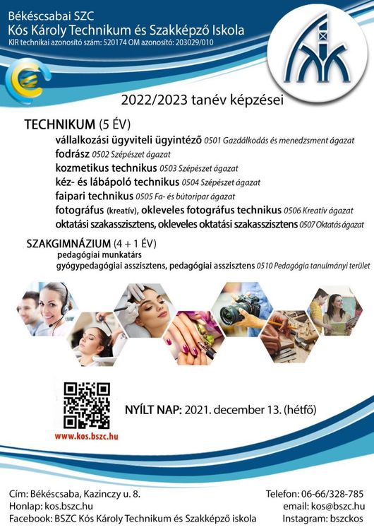 2022/2023 tanév képzései - Technikum, Szakgimnázium